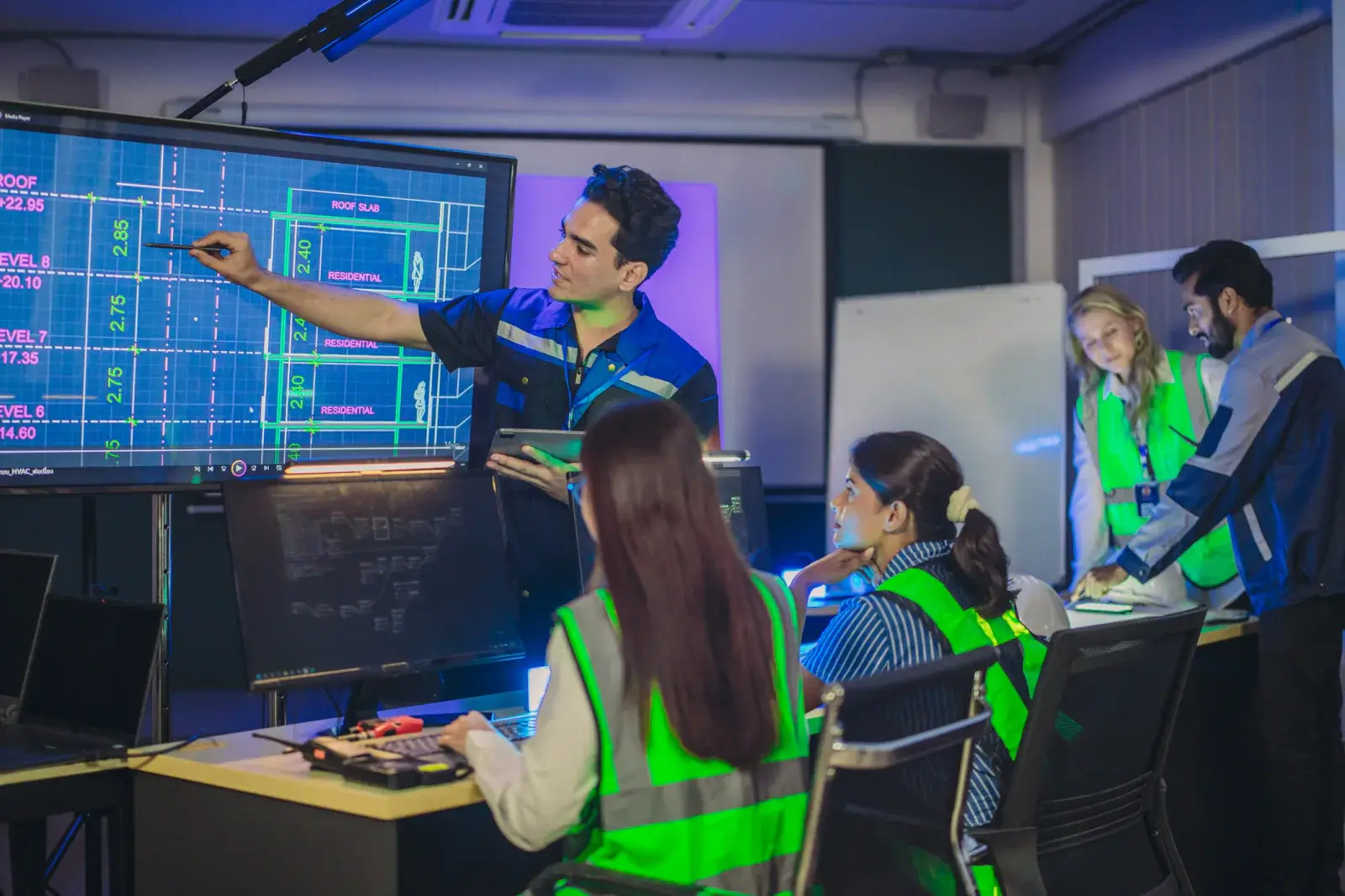 Emergency operations staff working at laptops in front of a large status display