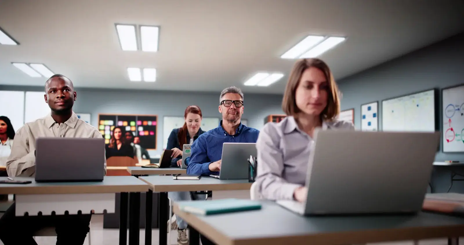 Students working on laptops in a classroom during a testing session