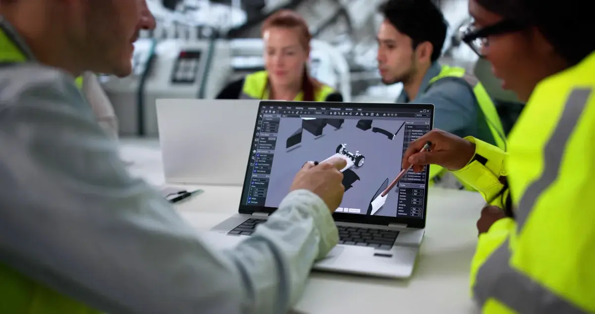 Engineering team reviewing a 3D model on a laptop at a project site