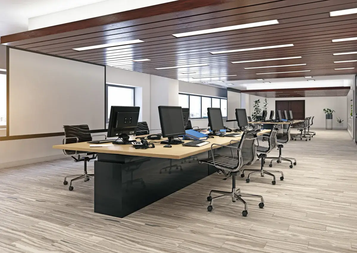 Open office space with workstations set up for a short-term team